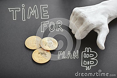 Cryptocurrency. Coins for financial business. Hand drawn doodle illustration 'Time for Plan B' and thumbs down next to Cartoon Illustration