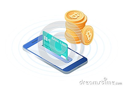 The pile of bitcoins, the phone with a credit card in the slot Vector Illustration