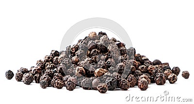 Pile of black pepper peas close-up on a white background. Isolated Stock Photo