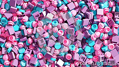 A pile of blue, pink and purple lego bricks. Mix of candy color lego bricks. 3d rendering Stock Photo