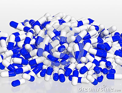 Pile of blue and white pill capsules on white background, 3d rendering Stock Photo