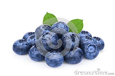 Pile of blueberry with green leaf isolated on white Stock Photo