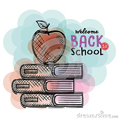 Pile books and apple back to school drawings Vector Illustration