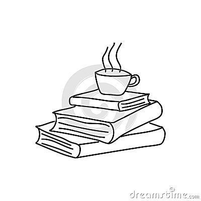 Pile of books with cup of tea. Concept love reading. Line icon for libraries, stores, festivals, fairs and schools. Vector Vector Illustration