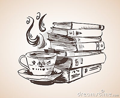 Pile of books with cup of tea. Vector Illustration