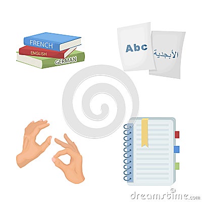 A pile of books in different languages, sheets of paper with translation, a gesture of deaf mutes, a notebook with text Vector Illustration