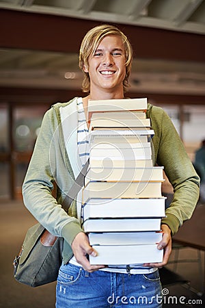 Pile, books or portrait of happy man in a library for knowledge or development for future growth. Scholarship, education Stock Photo