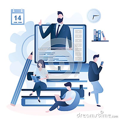 Pile of books and tablet pc with video course,mentor and various people with gadgets Vector Illustration