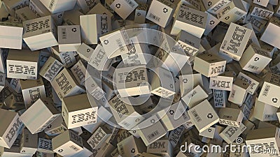 Pile of boxes with IBM logo. Editorial 3D rendering Editorial Stock Photo