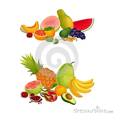 Pile of Bright and Juicy Tropical Fruit with Pineapple and Banana Vector Set Vector Illustration