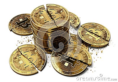 Pile of broken or cracked Bitcoin coins laying on white background. Bitcoin crash concept. 3D rendering Stock Photo