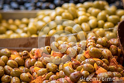 Pile of brown, pickled and seasoned olives in lemon pieces Stock Photo