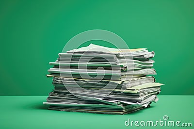 Pile of business papers on green background, 3d render, Stack of newspapers on green background with copy space. Close up, AI Stock Photo