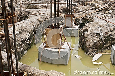 Pile cap and column stump under construction at the construction site. Stock Photo