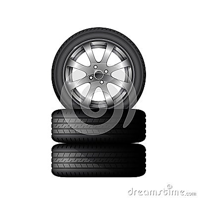 Pile of car tires with alloy wheel rim, tyre fitting service and sale advertisement poster Vector Illustration