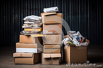 A pile of cardboard trash in front of a garage. Recycling concept Stock Photo