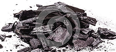 Pile of charcoal, burnt pieces of coal, with space for text on white background Stock Photo