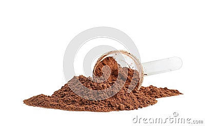 Pile of chocolate powder and scoop isolated on white Stock Photo