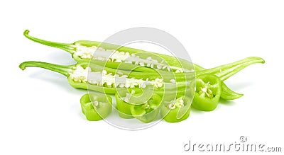 A pile chopped chilli peppers on a white background, sliced green bell pepper Stock Photo