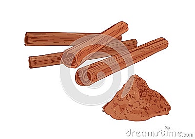 Pile of cinnamon sticks and heap of aromatic baking cinamon powder isolated on white background. Composition with Vector Illustration