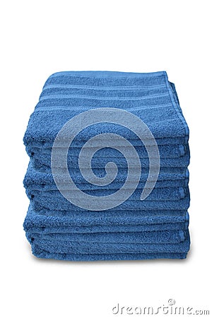 Pile of clean terry bath blue towels isolated on white background, close-up, copy space, concept of cleanliness, bath procedure, Stock Photo