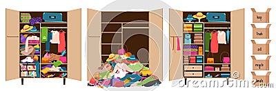 A pile of clothes, a closet littered with clothes and a wardrobe with things neatly laid out on the shelves. Boxes with Vector Illustration