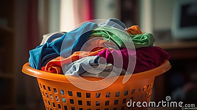 Pile of clothes in plastic laundry basket indoors. AI Generative Stock Photo