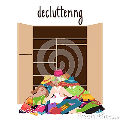 A pile of clothes and shoes lying on the floor in front of an empty wardrobe. A mess, a stack of things dumped out of the closet. Vector Illustration