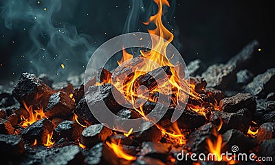 A pile of coal with a fire burning in front of it. Stock Photo