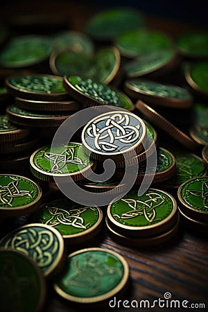 A pile of coins with celtic designs on them sitting next to each other, AI Stock Photo