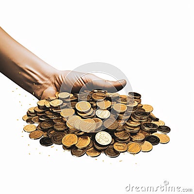 Pile of Coins with Hand Holding Banknote for Investing and Growing Wealth Stock Photo