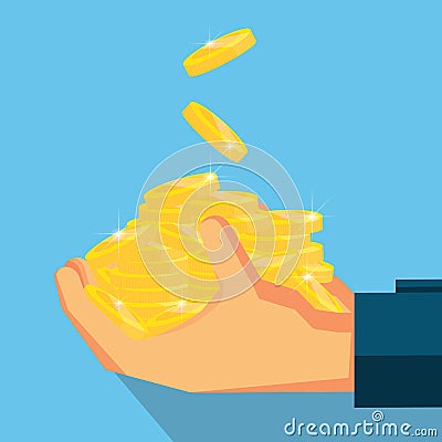 Pile coins on hand .Vector design for business finance. Vector Illustration