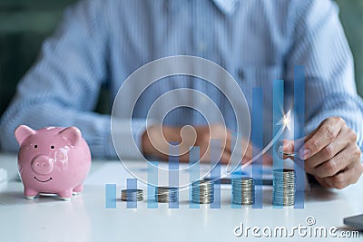 Pile of coins and piggy bank ideas to grow Savings and Investments in Business Double graph display, stock display and coin organi Stock Photo