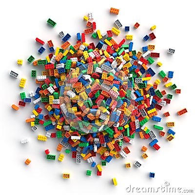 Pile of colored toy bricks isolated on white background. Stock Photo