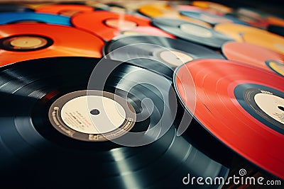 Pile of colorful audio player LP vinyl records. Generative AI Stock Photo