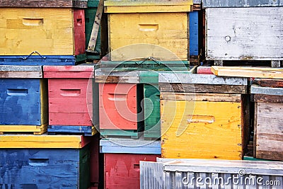 Pile of colorful beehives Stock Photo