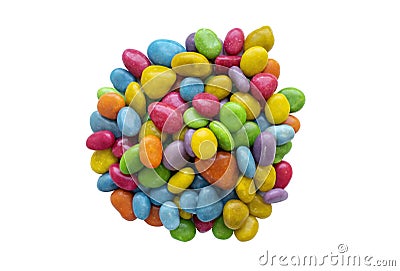 Pile of colorful candy dragee, multi-colodes glazed raisins isolated on white background.Heap of multi-colored glazed Stock Photo