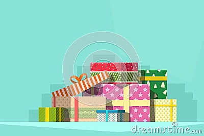 Pile of colorful christmas gifts on blue Vector Illustration