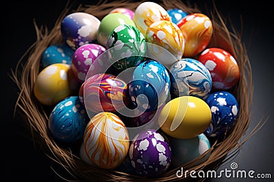 Pile of colorful easter eggs, top wiew. AI generated Stock Photo