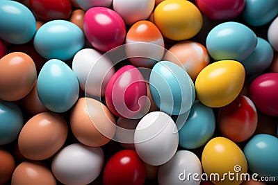 Pile of colorful easter eggs, top wiew. AI generated Stock Photo
