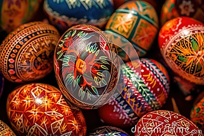 a pile of colorfully painted eggs with designs on them, all in different colors and patterns, all in a square shape, with a red Stock Photo