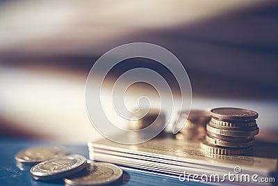 A pile of credit cards and euro coins Stock Photo