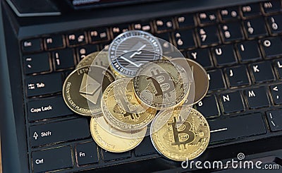 A pile of Cryptocurrencies coins Editorial Stock Photo
