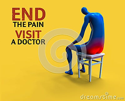 Pile decease. Man painfully sitting on a chair. 3D illustration Cartoon Illustration