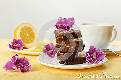 Pile of delicious chocolate cake slices with the cookies filling Stock Photo