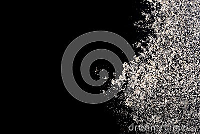 Pile desert sand isolated on black. Dust heap beach texture on shore background. Tranquil beach scene with copy space Stock Photo