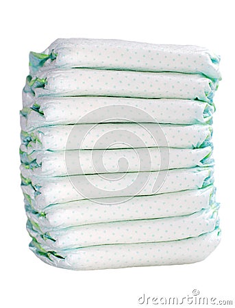 Pile of 9 diapers on white background Stock Photo