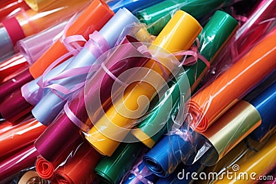 pile of different-coloured plastic gift wrap rolls in a box Stock Photo