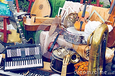 Pile of different old musical instruments Stock Photo