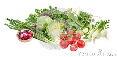 Pile of different vegetables and potherb on a light background Stock Photo